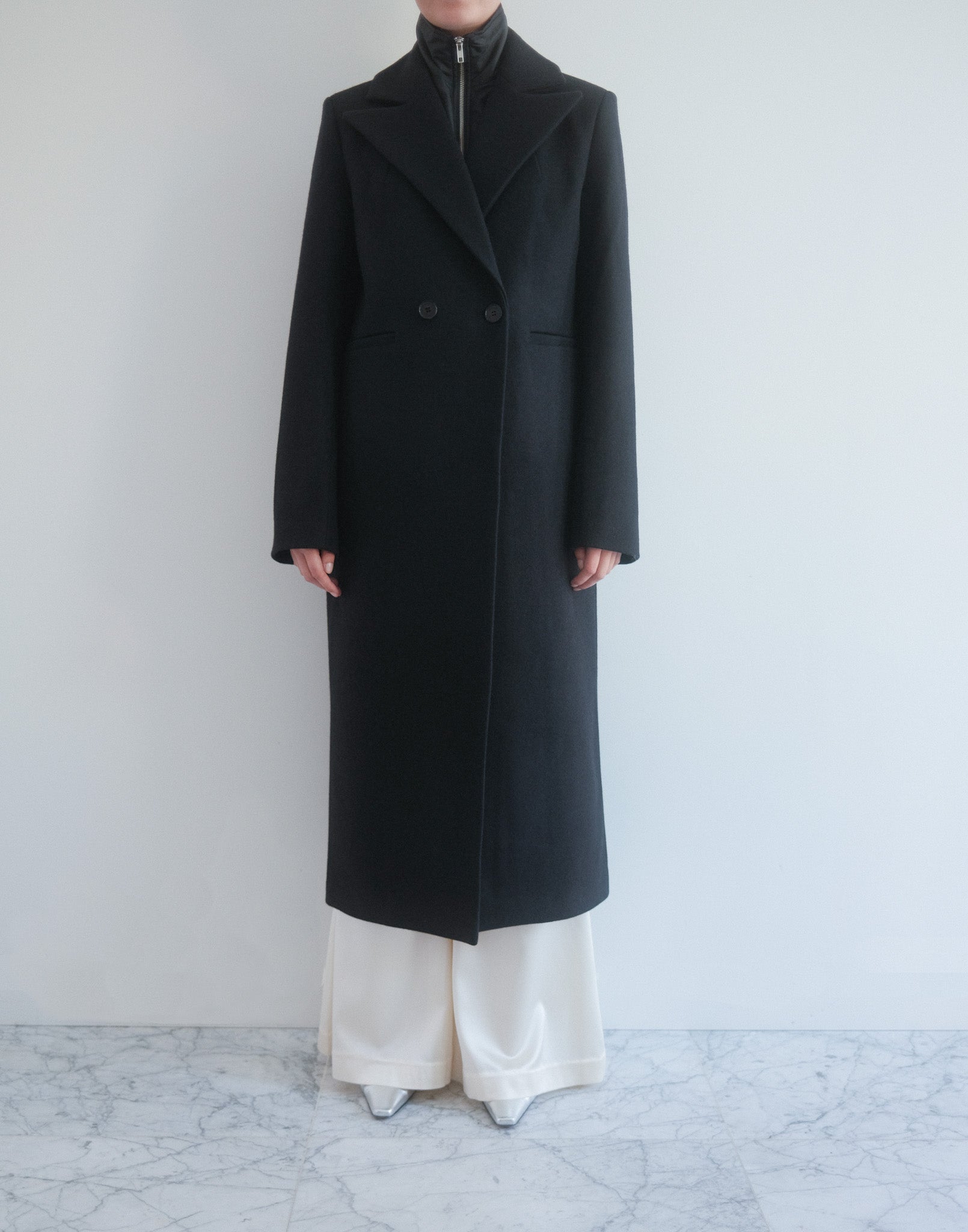 rae long wool tower coat with detachable padded collar